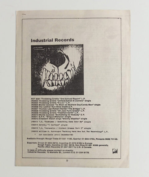 Industrial Records stapled flyer