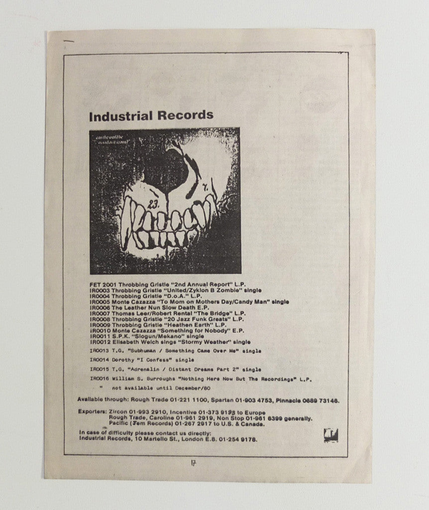 Industrial Records stapled flyer}